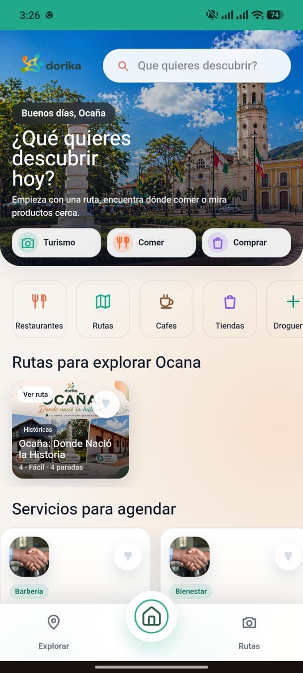 Inicio móvil de Dorika con opciones de turismo, restaurantes, compras, rutas y servicios locales de Ocaña