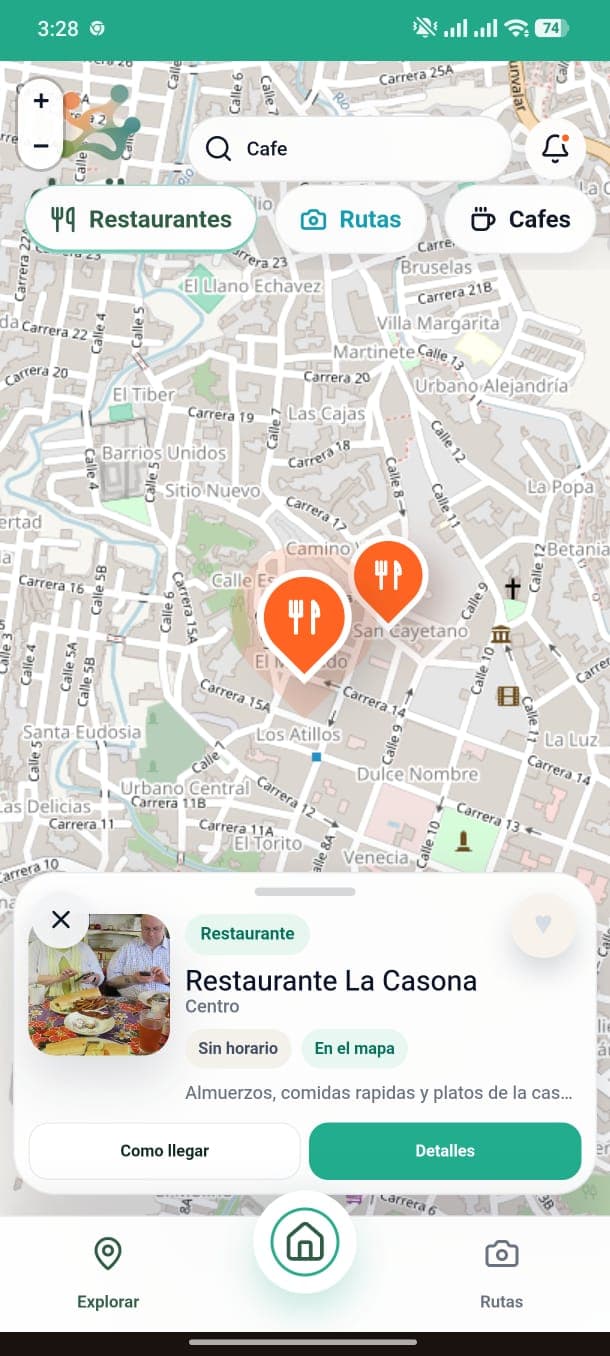 Mapa móvil de Dorika mostrando restaurantes y un negocio de Ocaña con acciones para llegar o consultar detalles