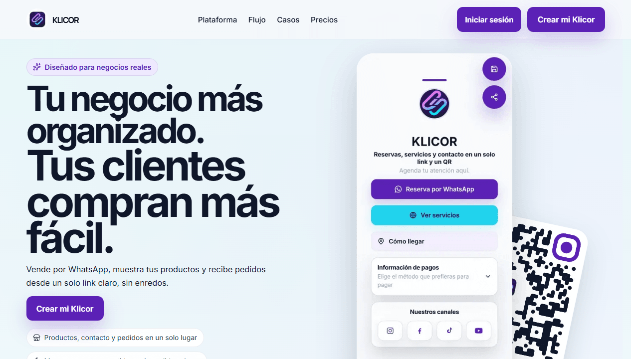 Página de presentación de Klicor con una vista móvil del perfil de un negocio