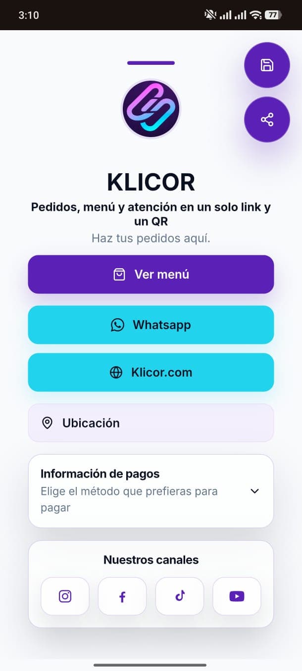 Perfil público de Klicor visto desde un teléfono móvil, con menú, WhatsApp, ubicación, pagos y redes sociales